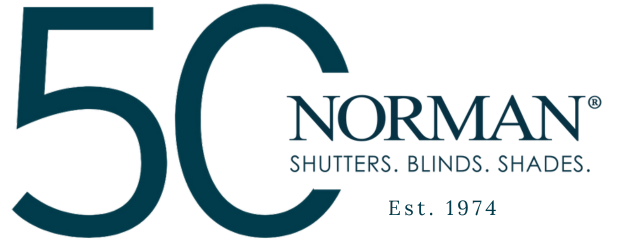 Norman - Shutters. Blinds. Shades - 50th Anniversary logo with blue text